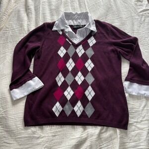 Elementz Sweater Argyle Layered Look Purple Preppy Knit Faux Collar 3/4 Sleeve L